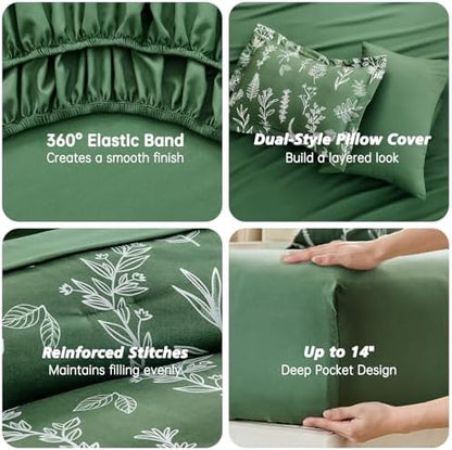 MUXHOMO Dark Green Bed in a Bag Queen 7 Pieces, Queen Comforter Set Reversible Botanical Flowers Design, Ultra Soft & Breathable Bedding Sets with Comforter, Sheets, Pillowcases & Shams