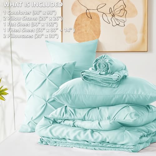 CozyLux Oversized Queen Comforter Set Spa Blue, 7 Pieces Bed in a Bag