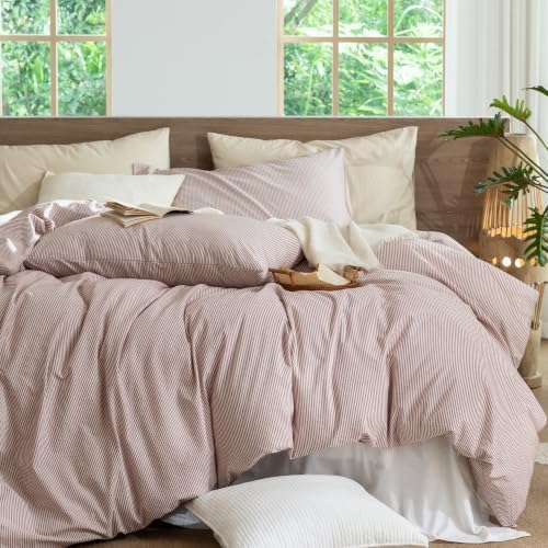 MooMee Striped Duvet Cover Set 100% Washed Cotton Linen Like King