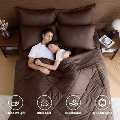 HEVUMYI 7-Piece Oversized King Comforter Set, Brown Bed in a Bag