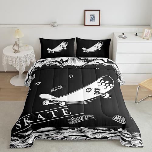 Erosebridal Boys Skateboard Bedding Full Hippie Skate Comforter Set for Kids Boys Girls, Black White Down Comforter Sport Bedding Comforter Sets, Modern Abstract Lines Duvet Insert (Reversible Black)