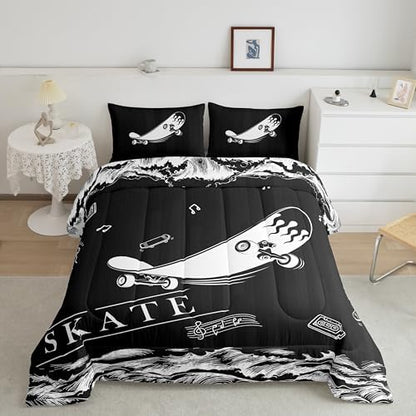 Erosebridal Boys Skateboard Comforter Twin Hippie Skate Bedding Set for Kids Boys Girls, Black White Down Comforter Sport Bed Set, Modern Abstract Lines Quilted Duvet (Reversible Black)