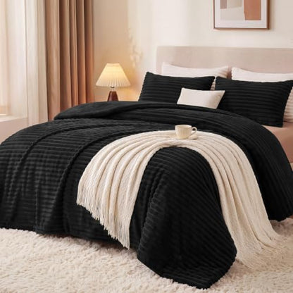 HYLEORY Fluffy Twin Comforter Set 2 Pieces - Fleece Fluffy Soft & Warm Plush Black Comforter Sets, Luxury Fuzzy Bedding Sets, All Season Heavy Bed Set Twin Size with 1 Pillowcase