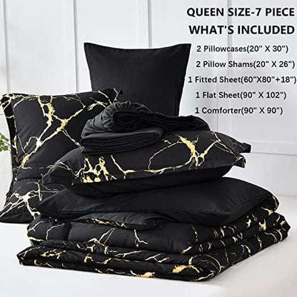 Yogeneg Gold Metallic Marble Comforter Set Queen Size,7 Piece Bed in a Bag,Foil Print Glitter Black Comforter and Sheet Set,All Season Soft Microfiber Complete Bedding Sets(Black,Queen)