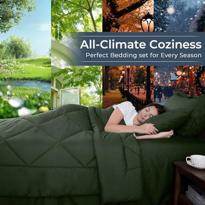 HEVUMYI 7-Piece Queen Comforter Set, Dark Green Bed in a Bag