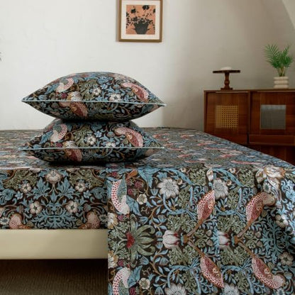 FADFAY Cal King 100% Egyptian Cotton Sheets Set 4 Piece, Luxury Soft Breathable Cooling Bed Sheets, Deep Pocket Hotel Quality Bedding for Hot Sleepers, Botanical Floral Bird Print All Season Comfort