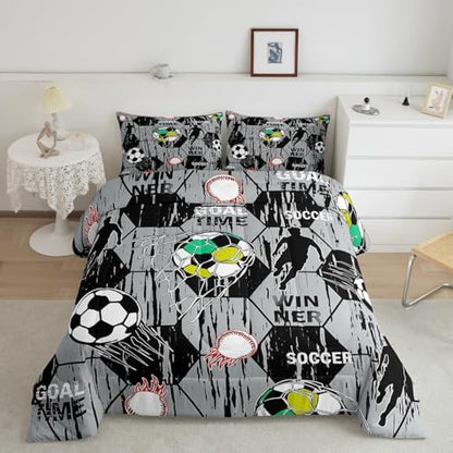Football Gaming Comforter Set King Size Modern Sports Soccer Bedding Set Kids Boys Teens Watercolor Geometric Hexagon All Season Quilt Set Baseball Bedding Comforter Sets with 2 Pillowcases