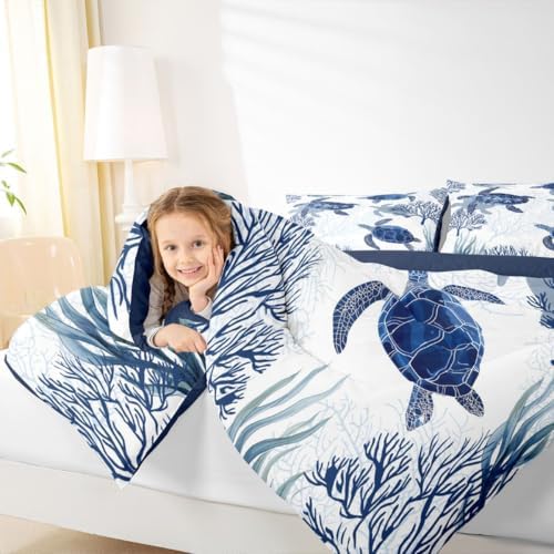 Turtle Comforter Set Full,White Blue Hawaiian Turtle Bedding for Kids,Reptile Tortoise Quilt Duvet Set Coastal Beach Theme Comforter Retro Sea Turtle Bed Set for Boys Girls Bedroom Decor(Marine life)