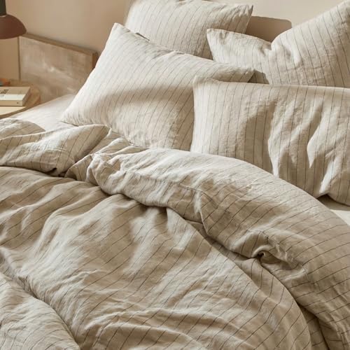 mixinni 3 Piece Striped Duvet Cover Set, Neutral Washed Cotton Linen Blend Bedding, Vintage Stripe Comforter Cover with 2 Pillowcases, Soft Breathable Farmhouse Bed Set for All Season-King Size