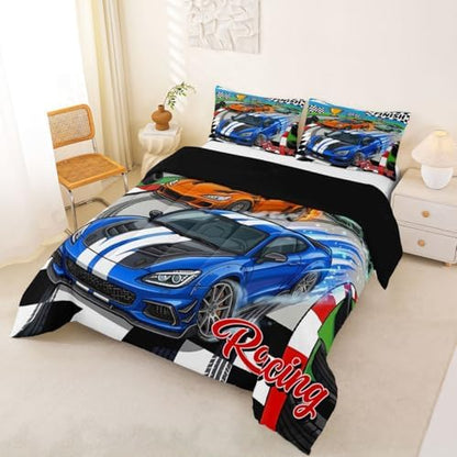 Feelyou Boys Race Car Kids Comforter Set Queen Size Sports Racing Car Bedding Set Extreme Sports Duvet Quilt for Kids Boys Girls Bedroom Automobile Decor Microfiber Ultra Soft Breathable