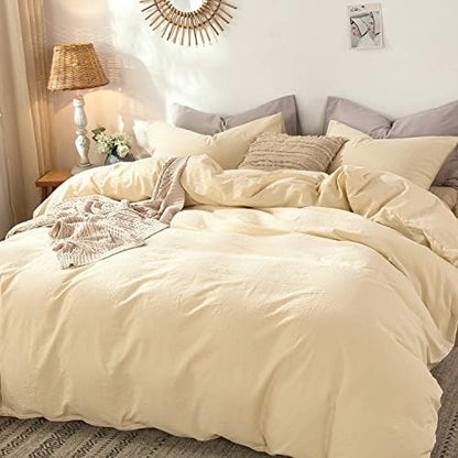 MooMee Duvet Cover Set 100% Washed Cotton Linen Like Queen