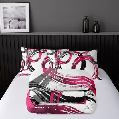 Nttopship Geometric Circle Comforter Set Pink Grey Black Geometric Bedding Set for Boys Girls Teens Retro Circle Swirls Bedding Set Bedroom Decor Modern Abstract Art Duvet Set Room Decor King Size