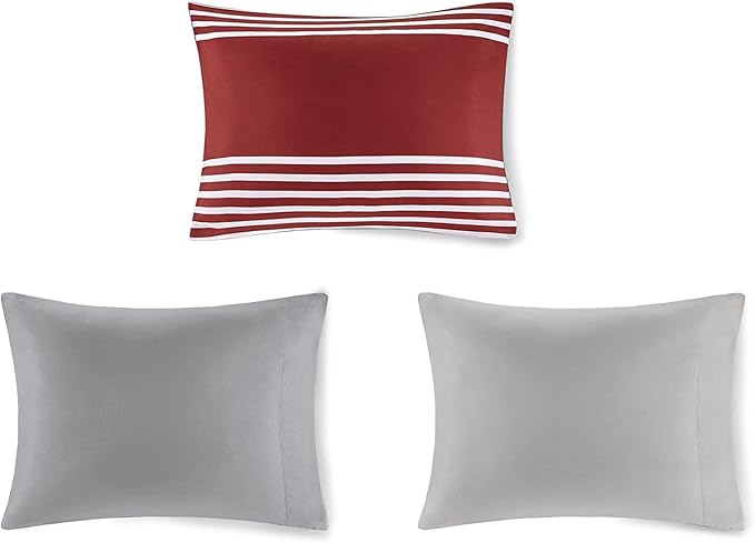 Comfort Spaces Comforter Sets with Sheets - Bed in a Bag 9 Pieces Teen Bedding Sets , Red and Grey Stripes Bedding Full, College Full Bed Set with 2 Side Pockets Bedroom Organizer