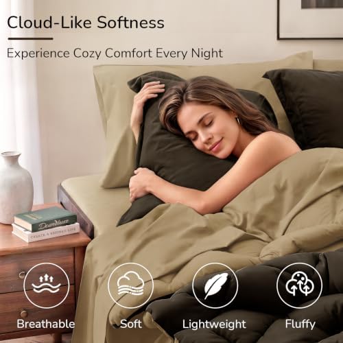 downluxe Full Comforter Set Soft Reversible 7 Pieces, Brown/Tan