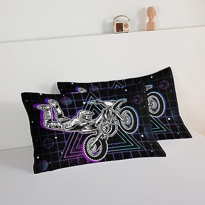 HOSIMA Motorcycle Racer Comforter Set - Extreme Sports Theme Bedding for Kids, Teens, Men Room Decor - Dirt Bike Motorbike Full Size With 2 Pillowcases - Purple Line Grid Black