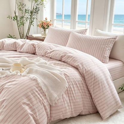 Striped Duvet Cover Set Queen Size 3 Piece 100% Washed Cotton Linen Like Textured Bedding Comfy Breathable (Queen, Double Stripe-Greyish Pink/White)