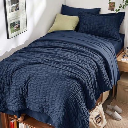 HYMOKEGE Navy Blue Twin XL Comforter Set Seersucker 5 Pieces, All Season Luxury Bed in a Bag for Bedroom, Bedding Set with Comforter, Sheets, Pillowcase & Sham