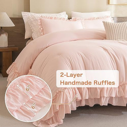 Masaca Shabby Ruffled King Comforter Set,Farmhouse Blush Pink Bedding Comforter Lightweight Ultra Soft Vintage French Country Bedding Set 3pc (1 Ruffle Comforter and 2 Pillowcases)
