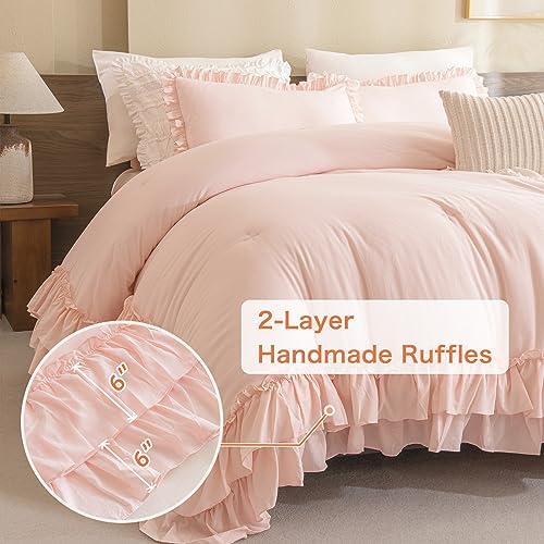 Masaca Blush Pink Comforter Set Queen,Farmhouse Shabby Boho Chic Comforter,Vintage Rustic Soft Microfiber Down Alternative Bedding Comforter Set 3PCS(1 Ruffled Comforter and 2 Pillowcases)