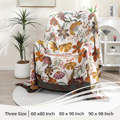VANJOROY Boho Throw Blanket for Bed, 100% Cotton Muslin Soft Twin Throw-Floral Farmhouse Rustic Decor Blanket for Couch Sofa Quilt and Gift, 60" x 80"-BeigeWhite