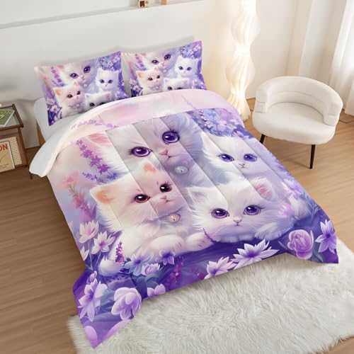 Cute Cat Comforter Bedding Sets Twin Size with 2 Pillowcases.