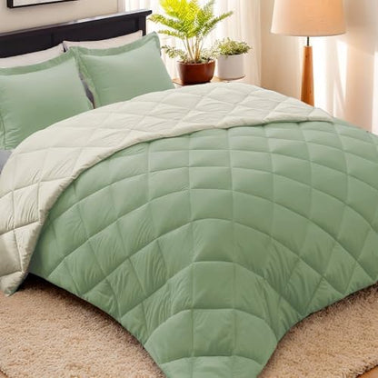 HIG 3pc Sage/Beige Queen Size Bedding Comforter Set Duvet Insert Blanket