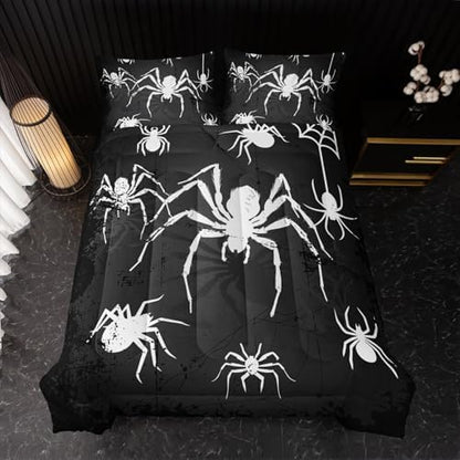 Nttopship Boys Spider Printed Comforter Set Bed in A Bag King Size 3PCS Black Bedding Set Cool White Spider Bedding Set Girls Boys Bedroom Decor with 2 Pillowcases, Lightweight All Season
