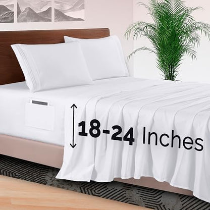 Elegant Comfort 4-Piece Bed Sheet Set - Luxury Bedding 1500 Premium Hotel Quality Microfiber, All Around Elastic 18-24 Inches Deep Fitted Sheet- Extra Deep Pocket Sheets, Queen, White