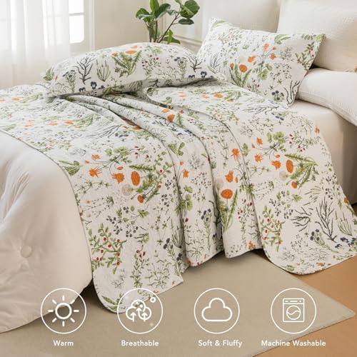 Lady Ann Oversized King Bedspreads 128x120,100% Cotton Floral Quilt Coverlet California King Size Extra Large Yellow Flowers & Leaves Pattern Plant Botanical Printed Lightweight Bedding Set, 3Pcs