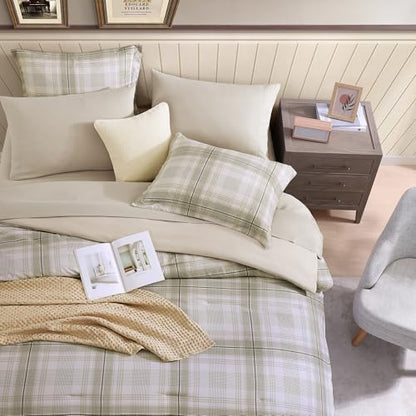 Plaid Queen Comforter Set Khaki Green 7 Pieces Farmhouse Bed in a Bag
