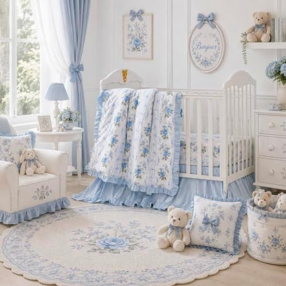 Brandream Organic Cotton Baby Crib Bedding Set for Girls 3 Pieces Ruffled Vintage Cottagecore Baby Bedding with Rose Botanical Stripe Print, Soft French Country Farmhouse Nursery Crib Set