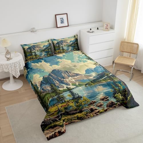 Camping Theme Bedding Set King Size,Mountain River Comforter Set for Kids Teens Adults Room Decor,Woodland Camping Adventure Duvet Insert 3Pcs,Nature Scenery Lake House Quilt Set,2 Pillowcases