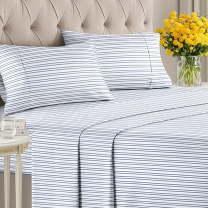 Queen 4 Piece Striped Sheet Set - Soft & Cooling - Blue Double Stripes