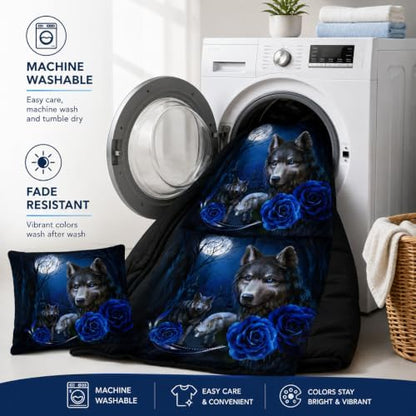 CCoutueChen Wolf Comforter Set Twin Size, Blue Rose Moon Gothic Bedding
