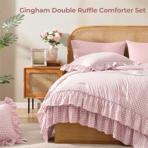 Full Size Comforter Set Pink Gingham Ruffle 7 Pieces Farmhouse Bed in a Bag
