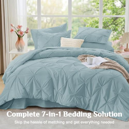 JOLLYVOGUE California King Comforter Set 7 Pieces - Bed in a Bag Cal King for All Season, Pintuck Bedding Comforter Sets with Comforter, Flat Sheet, Fitted Sheet and Pillowcases & Shams, Greyish Blue