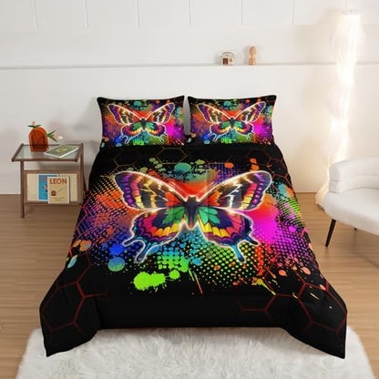 HOSIMA Beauty Butterfly Comforter Set, Colorful Tie Dye Bedding Sets Queen Size for Kids Girls Teens Bedroom Decor, Honeycomb Pattern Comforter Set Queen Size with 2 Pillowcases