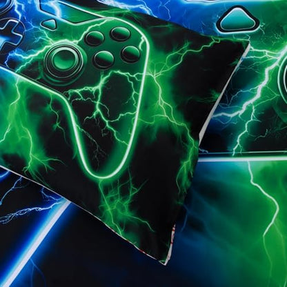 Meeting Story 5 Pieces Gaming Bedding Sets Full Size Red and Blue Gamer Comforter Set for Boys Girls Soft Fluffy 3D Cool Video Game Kids Bed in A Bag for All Seasons(Bluegreen)