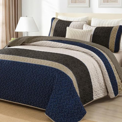 Cottolester Quilt Set Full,Brown Blue Striped Plaid Bedspread Coverlet Set