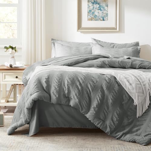 Queen Comforter Set 7 Piece, Grey Bed in a Bag Queen Size Bedding Sets