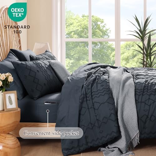 King Size Comforter Set Navy Blue Tufted Boho Geometric Bedding 7 Pieces