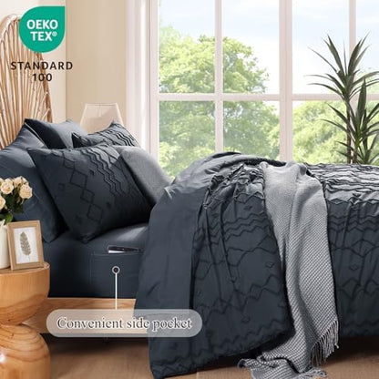 King Size Comforter Set Navy Blue Tufted Boho Geometric Bedding 7 Pieces