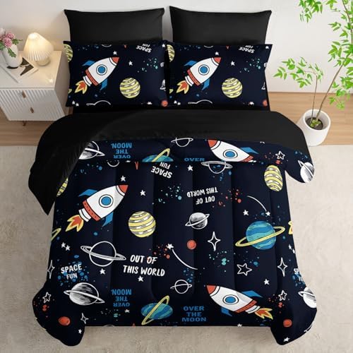 7Pcs Space Comforter Set Astronaut Space Rocket Printed Bedding Set with 1 Comforter, 1 Flat Sheet, 1 Fitted Sheet and 4 Pillowcases for Boys and Girls Bedroom (Astronaut Queen
