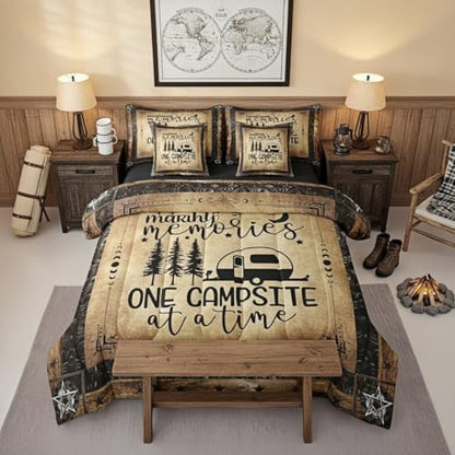 Erosebridal Camper Comforter Set 7 Pieces Bed in A Bag Full Size, Happy Camping Comforter Rv Decorations for Inside, Vintage Rustic Farmhouse Sheet Set, Sun Moon Starry Sky Bedding Sets, Reversible