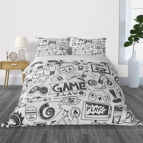Gaming Comforter Sets for Boys Teen Twin Size,Kids Video Games Bedding Set Sketch Style Athletic Racing Game Design Bedroom Home Decor