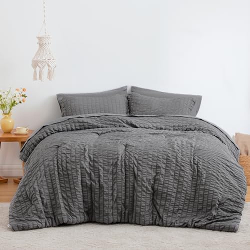 Love's cabin Seersucker Dark Grey California King Comforter Set, 7 Pieces California King Bed in a Bag, All Season Bedding Sets with Comforter, Flat Sheet, Fitted Sheet, Pillowcase and Pillow Sham