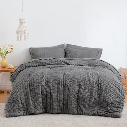 Love's cabin Seersucker Dark Grey California King Comforter Set, 7 Pieces California King Bed in a Bag, All Season Bedding Sets with Comforter, Flat Sheet, Fitted Sheet, Pillowcase and Pillow Sham