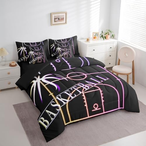 Basketball Bedding Comforter Sets 7pcs Sport Bed in a Bag for Boys Room, Rainbow Neon Light Twin Bedding Sets Gradient Basketball Court Comforter Set, Ball Gaming Bedding Sets & Collections