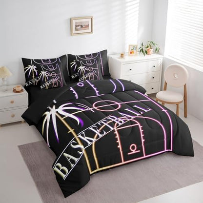 Basketball King Comforter Set 7 Pieces Sport Bedding Comforter Sets for Boys Room, Rainbow Neon Light Bed in a Bag Gradient Basketball Court Bedding Set, Ball Gaming Bed Sheets Set (Black Reversible)