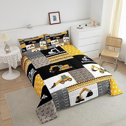Feelyou Excavator Comforter Construction Vehicles Comforter Set Equipment Trucks Bedding Set for Children Kids Boys Girls Cartoon Car Duvet Set Geometric Lattice Room Decor Quilt Set Full Size Yellow